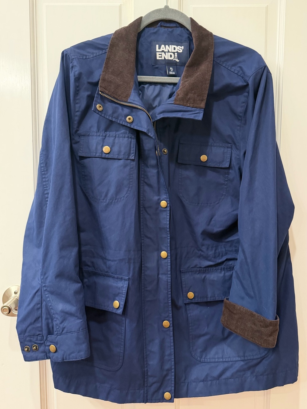 Lands' End Navy Utility / Barn Jacket with Brown Corduroy Trim